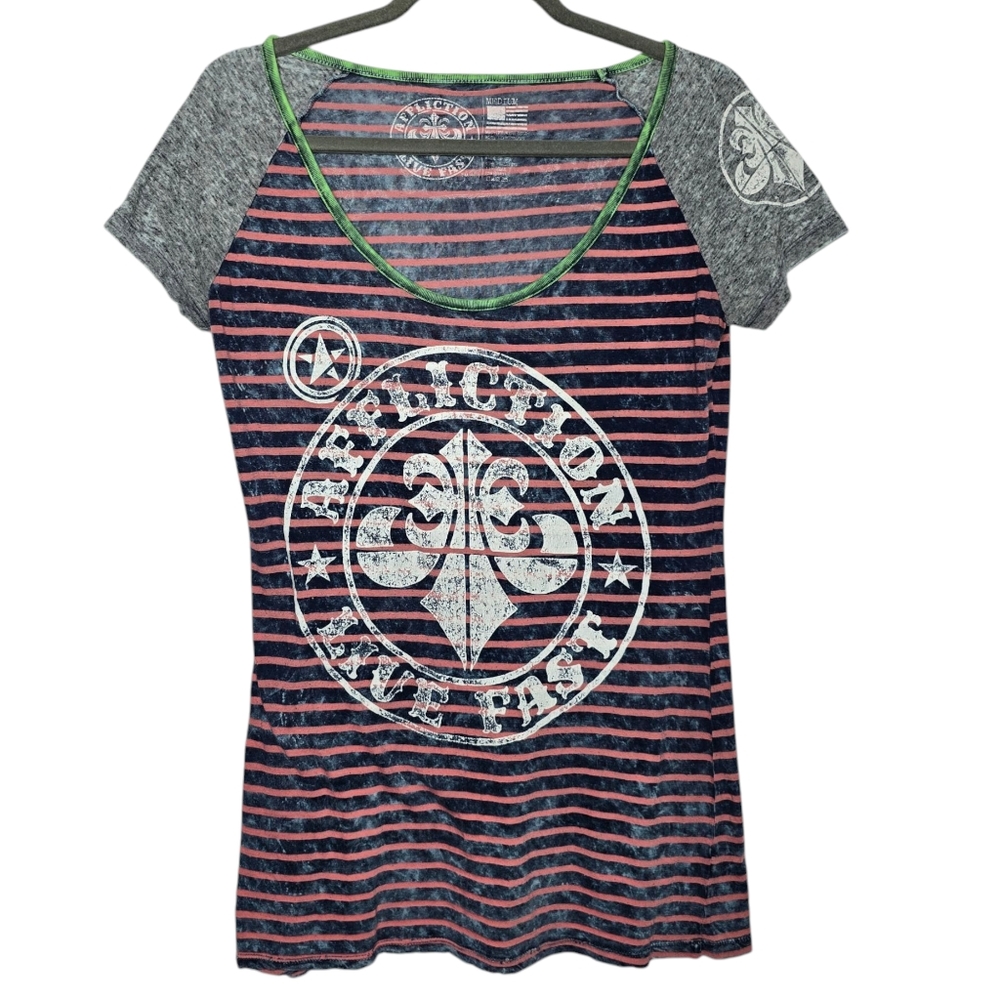 AFFLICTION Women's Striped Logo Graphic T Shirt